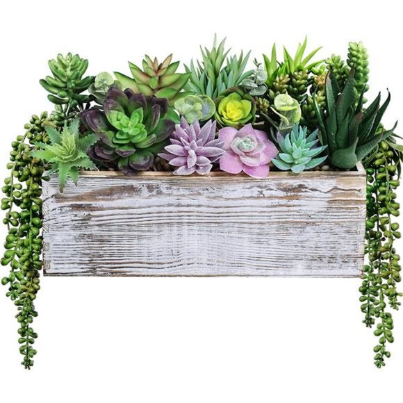 19 Pcs Assorted Artificial Succulents Fake Plants in Rectangular Wooden Pot - Picture 1 of 7